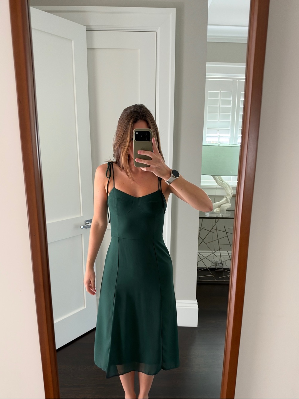 Women's Dark Green Tie-Strap Midi Dress